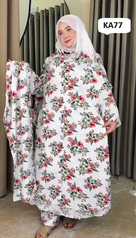 প্রিমিয়াম হোয়াইট ফ্লোরাল হাই-কোয়ালিটি চাইনা স্কিন ফেব্রিক থ্রি-পিস (Code: KA77)