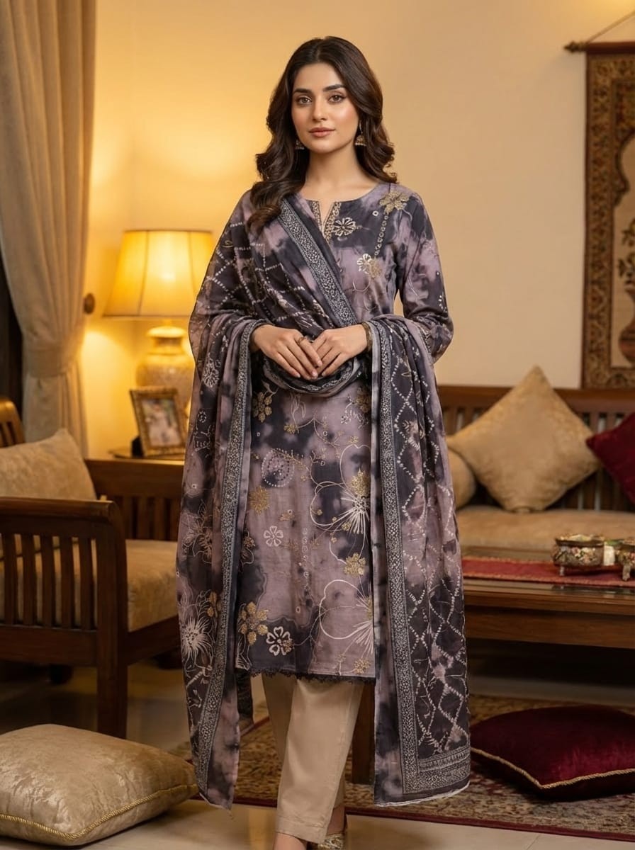 এক্সক্লুসিভ পার্পল-গ্রে ফ্লোরাল প্রিন্টেড এমব্রয়ডারি থ্রি-পিস (Premium Collection)