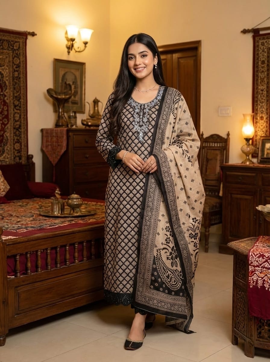 এলিগেন্ট ব্ল্যাক জিওমেট্রিক প্রিন্ট ও নেক-এমব্রয়ডারি কাজ করা এক্সক্লুসিভ থ্রি-পিস