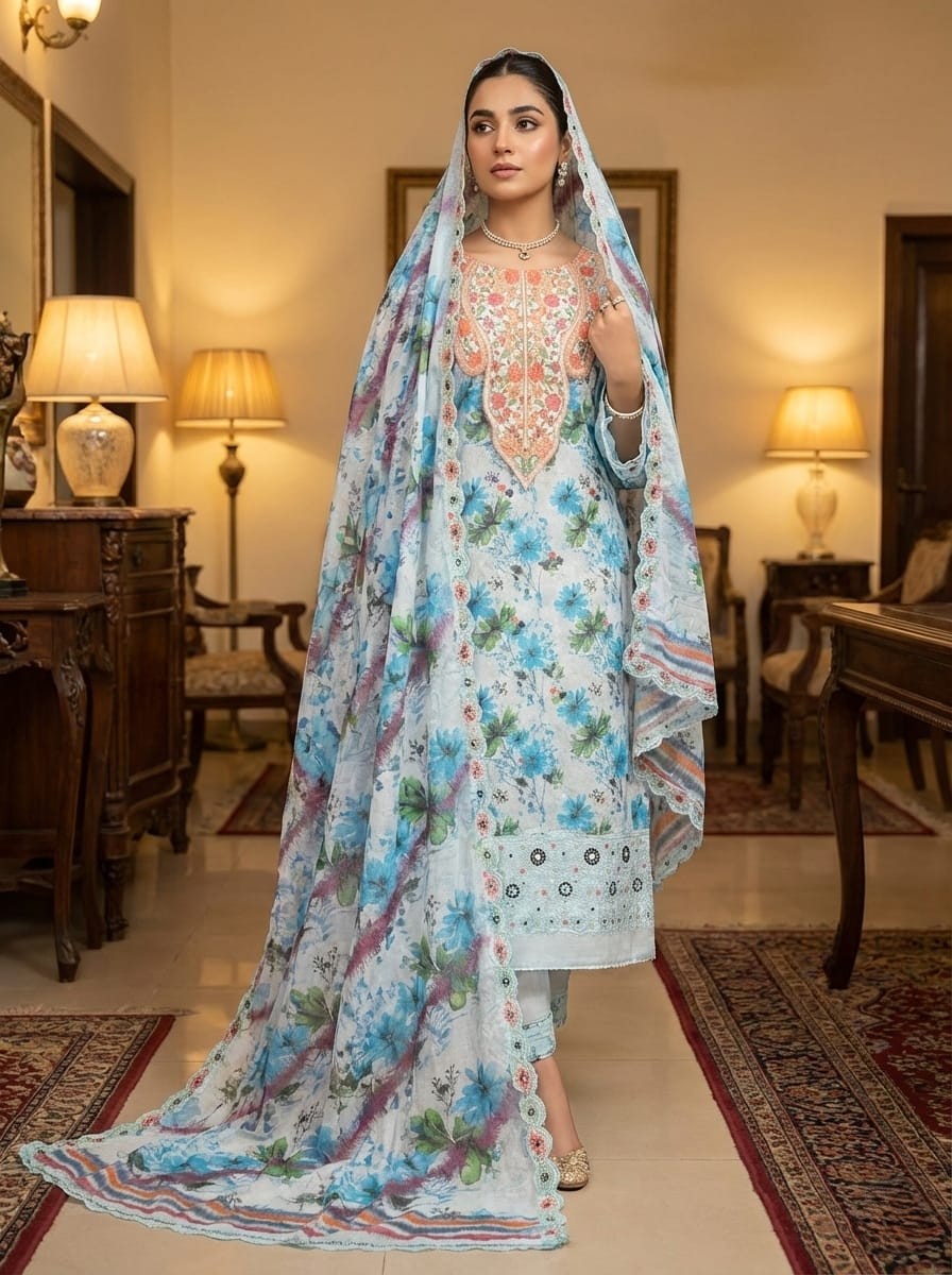 প্যাস্টেল ব্লু ফ্লোরাল প্রিন্ট ও স্ক্যালপ এমব্রয়ডারি কাজ করা প্রিমিয়াম লাক্সারি থ্রি-পিস